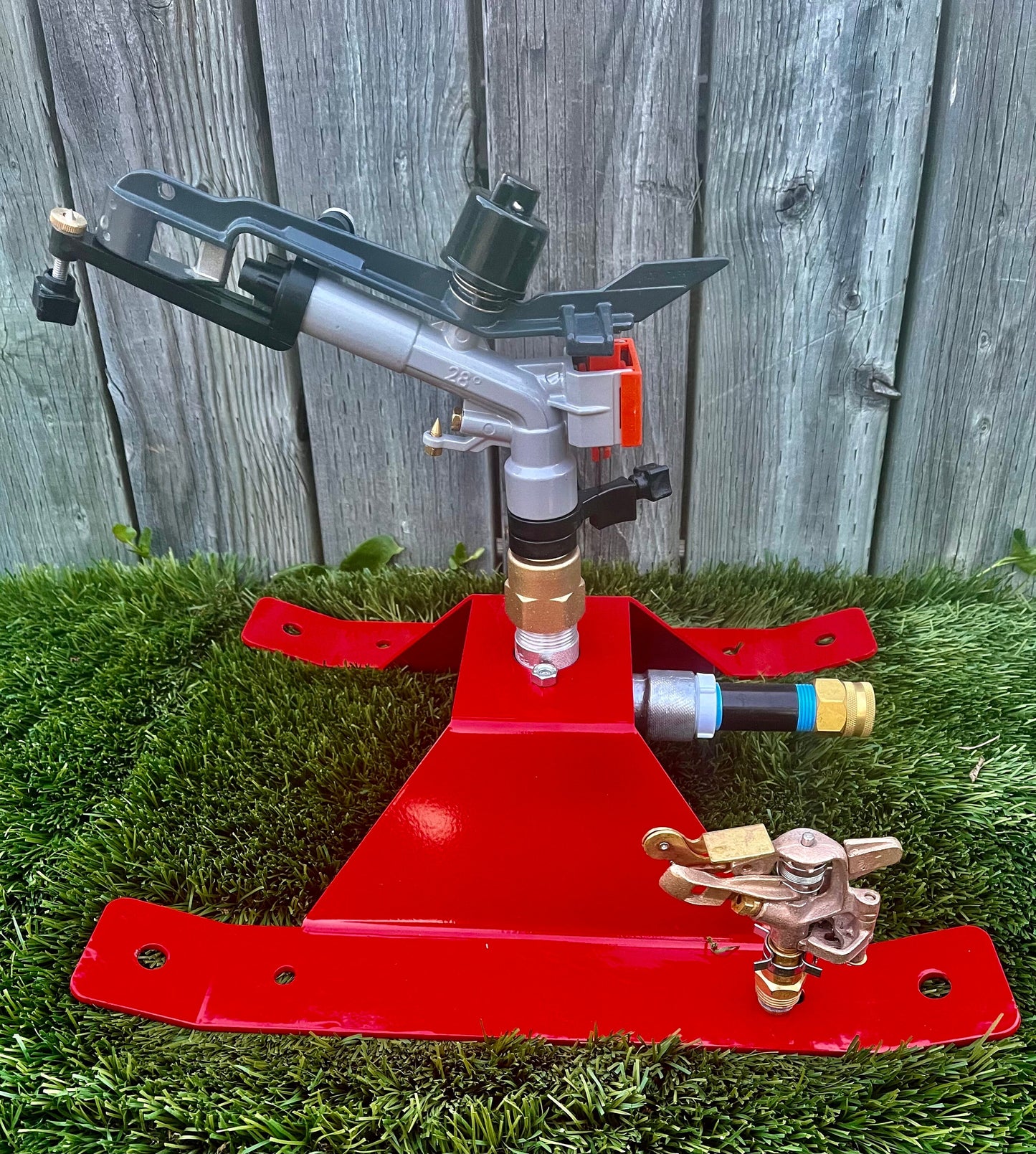 Big Red Sprinkler Sled w/ Yuzuak Atom 23 1" adj impact sprinkler pasture arena dust turf 120ft diameter